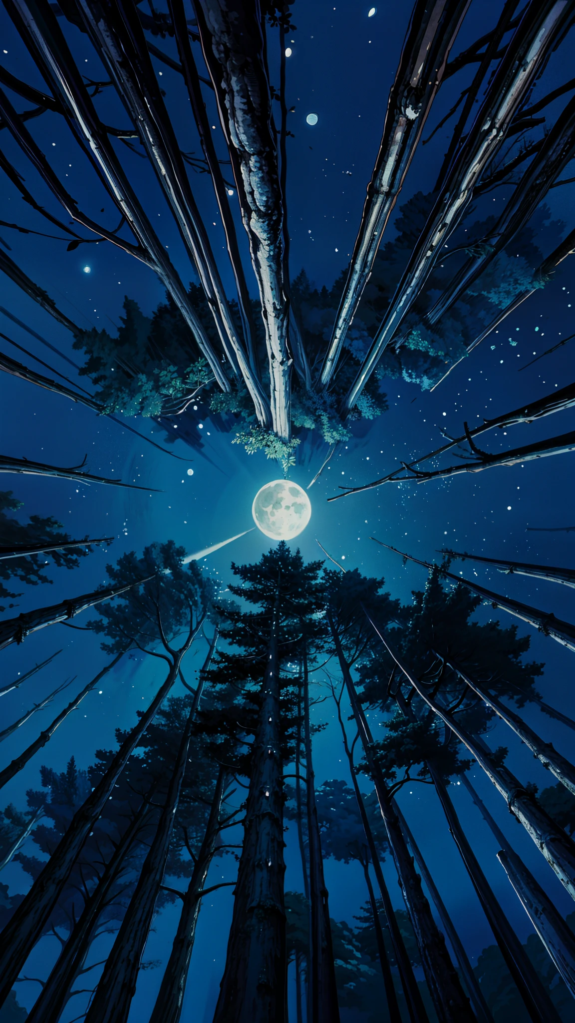 a painting looking up moon between trees, forest at night with a full moon in the sky, a painting of a moonlit forest, forest and moon, moonlit forest, night forest background, moonlit forest environment, beautiful moon light, blue moon light, magical moon shines overhead, rays of blue moonlight, beautiful composition 3 - d 4 k, blue sky background with moon