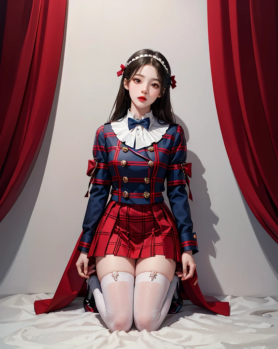 best quality person，master piece，ultimate resolution，Fluffy，very colorful，mature pretty woman，（JK uniform），neck bow tie，plaid skirt，（beauty&#39;s severed head），normal posture，red lip，（kneeling pose），Shackles，Behead，collar，handcuffs，anklet，（jane shoes with white stockings，normal posture