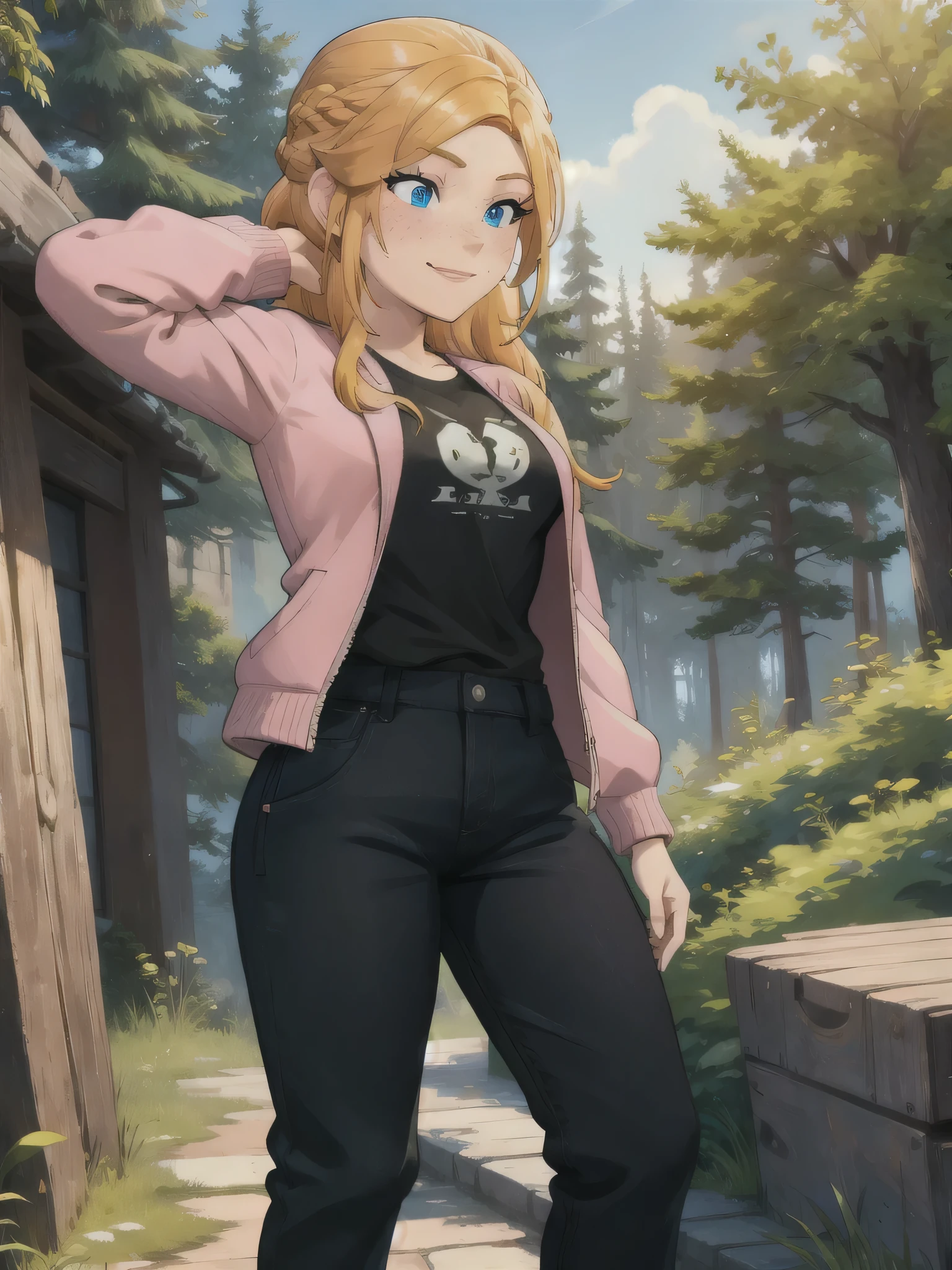 (masterpiece, best quality, high resolution:1.2), 1girl, solo, freckles, blue eyes, blonde hair, braid, shirt, black shirt, jacket, pink jacket, long sleeves, large hip, pants, black pants, black footwear, smile, close up, portrait, perfect eyes, forest, outdoor