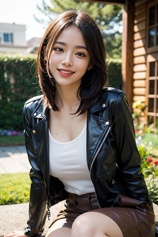 ((Mejor calidad)), ((obra maestra)), (detallado), cara perfecta, pechos grandes, trasero grande, flequillo, labios rojos, mirada seductora, escote revelador, brown leather jacket, Asian, cabello corto, traje de cuero, rostro hermoso, sexy, pechos expuestos, cabello negro, sonrisa seductora,piel clara, garden