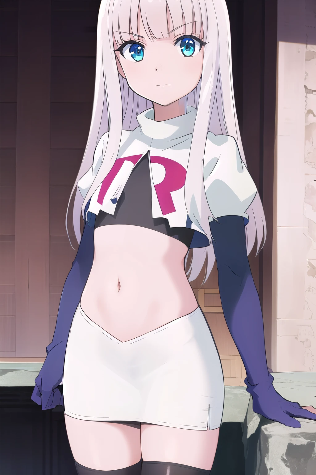 mira, anime, 1girl, solo, long_hair, looking_at_viewer, blue_eyes, white_hair, small breasts, soft smile, lake, yuzustyle , masterpiece, best quality, official art, extremely detailed CG unity 8k wallpaper, highly detailed, shiny skin, Depth of field, vivid color, team rocket,team rocket uniform, red letter R, white skirt,white crop top,black thigh-highs,black elbow gloves