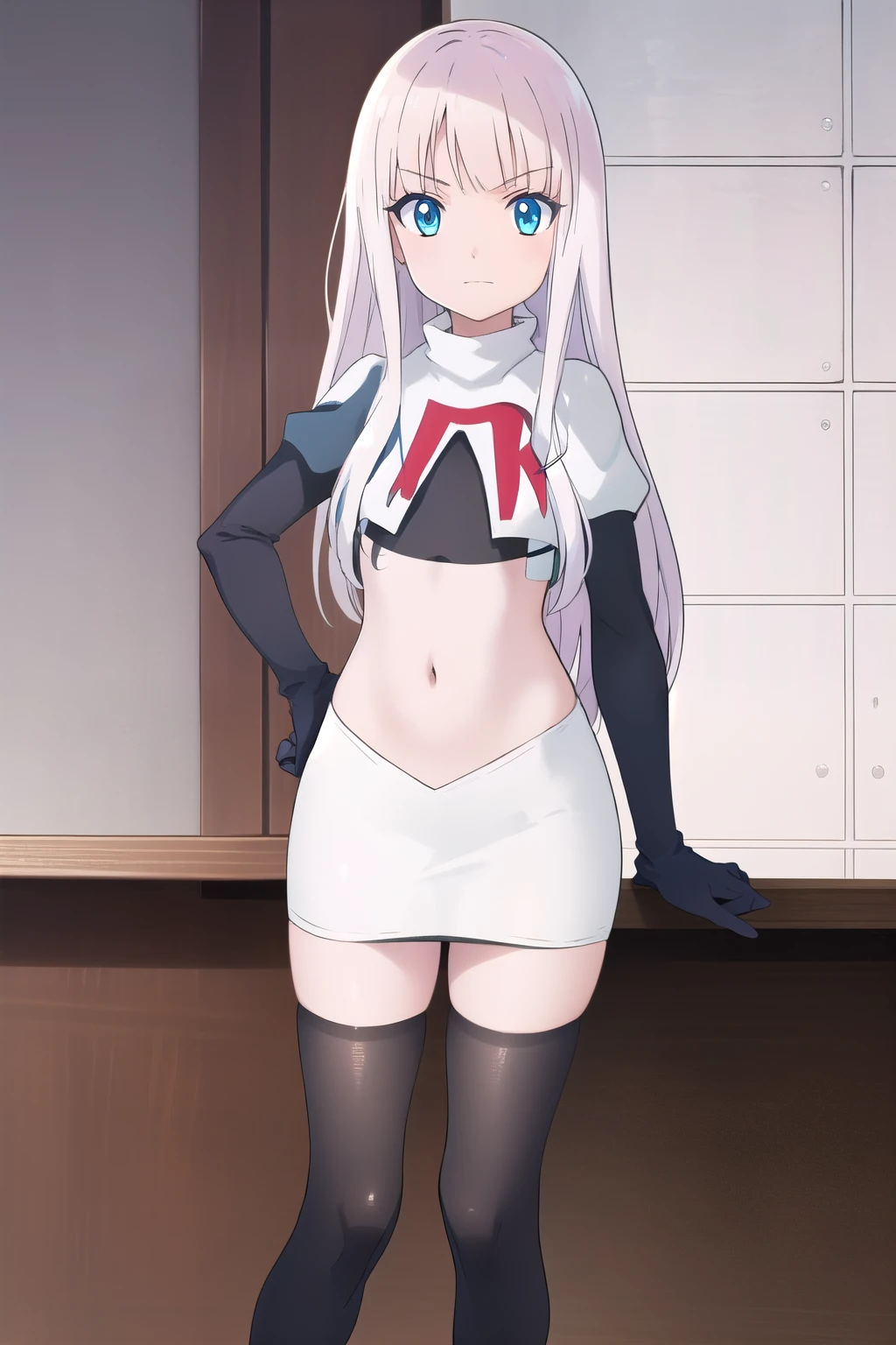 mira, anime, 1girl, solo, long_hair, looking_at_viewer, blue_eyes, white_hair, small breasts, soft smile, lake, yuzustyle , masterpiece, best quality, official art, extremely detailed CG unity 8k wallpaper, highly detailed, shiny skin, Depth of field, vivid color, team rocket,team rocket uniform, red letter R, white skirt,white crop top,black thigh-highs,black elbow gloves