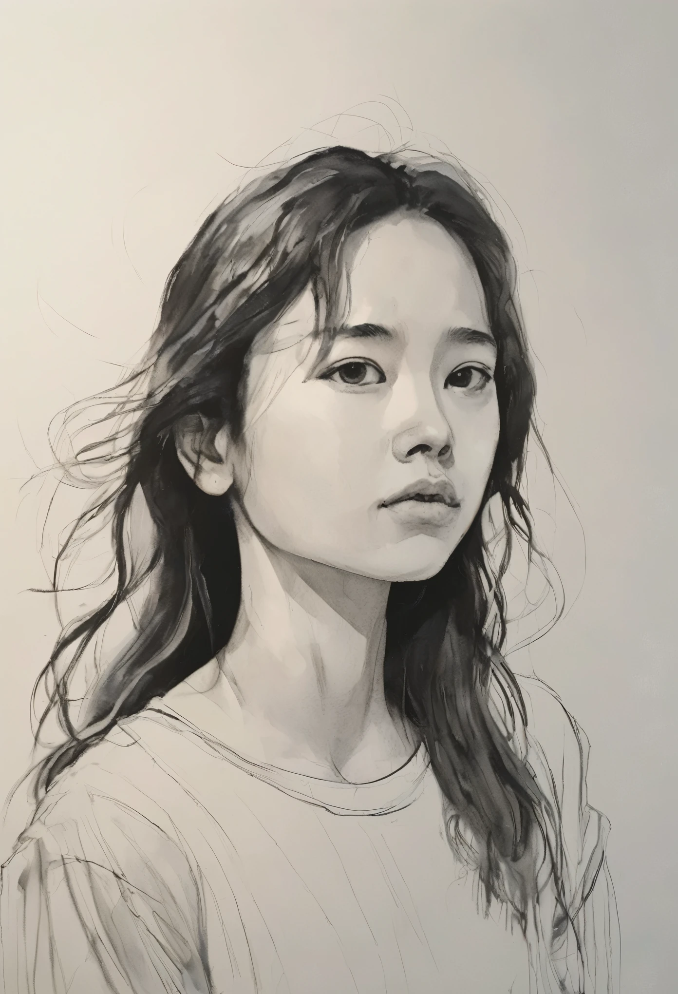 (highest quality, High resolution, masterpiece:1.2), Super detailed, actual:1.37, Black ink sketch, smooth lines, Expressive facial expressions and gestures, simple background, Emphasis on light and shadow and spatial perception, Plenty of negative space, young girl.Ink Portrait,smooth lines,Expressive facial features,Subtle emotions,Ink strength comparison,simple background,Emphasis on light and shadow,wide々It was,Plenty of negative space,peaceful atmosphere,peaceful atmosphere,feels like a dream,Delicate yet fascinating details,pastel colour,Calm and introspective,An elegant gesture,Gentle movements,Calm and innocent,Elegant Whisper,quiet and elegant,shining,sublime beauty,Vector illustration,black and white,Natural and Organic,Nourish、Calming the mind,Sublime simplicity,fantastic charm.