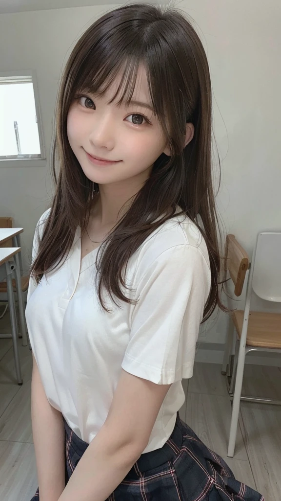 (8K、RAW photo、highest quality、masterpiece:1.2)、(realistic、Photoreal:1.37)、super detailed、超A high resolution、1 girl、see the beholder、beautiful and detailed face、laughter、narrow、(slim waist) :1.3)、Beautiful and smooth skin、skin texture、black haired、professional lighting、human body as a whole、long hair、Japanese height 、13 year old girl、plaid uniform skirt、small breasts、中Schoolの制服ブレザー、young、School、Smile