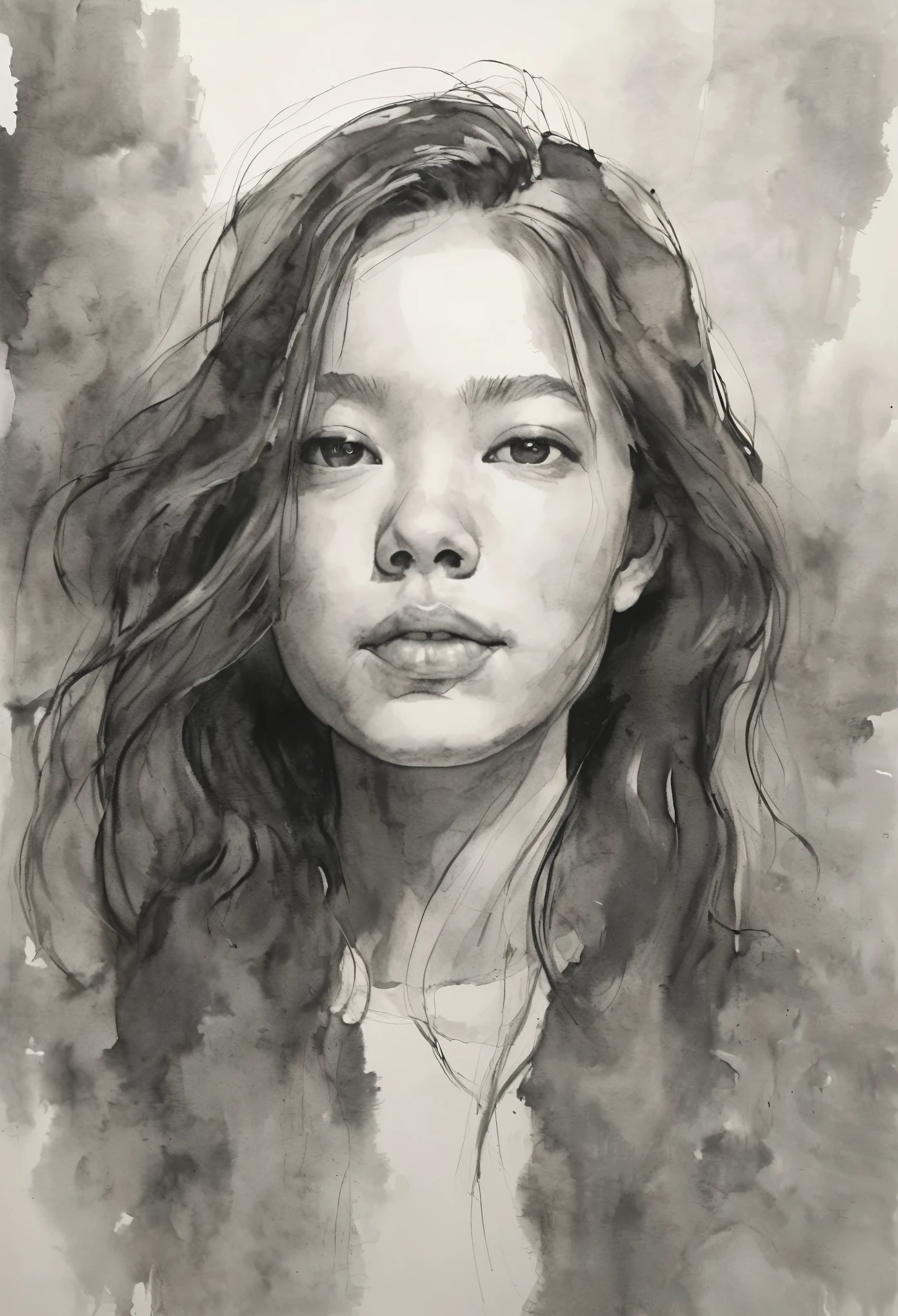 (highest quality, High resolution, masterpiece:1.2), Super detailed, actual:1.37, Black ink sketch, smooth lines, Expressive facial expressions and gestures, simple background, Emphasis on light and shadow and spatial perception, Plenty of negative space, young girl.Ink Portrait,smooth lines,Expressive facial features,Subtle emotions,Ink strength comparison,simple background,Emphasis on light and shadow,wide々It was,Plenty of negative space,peaceful atmosphere,peaceful atmosphere,feels like a dream,Delicate yet fascinating details,pastel colour,Calm and introspective,An elegant gesture,Gentle movements,Calm and innocent,Elegant Whisper,quiet and elegant,shining,sublime beauty,Vector illustration,black and white,Natural and Organic,Nourish、Calming the mind,Sublime simplicity,fantastic charm.