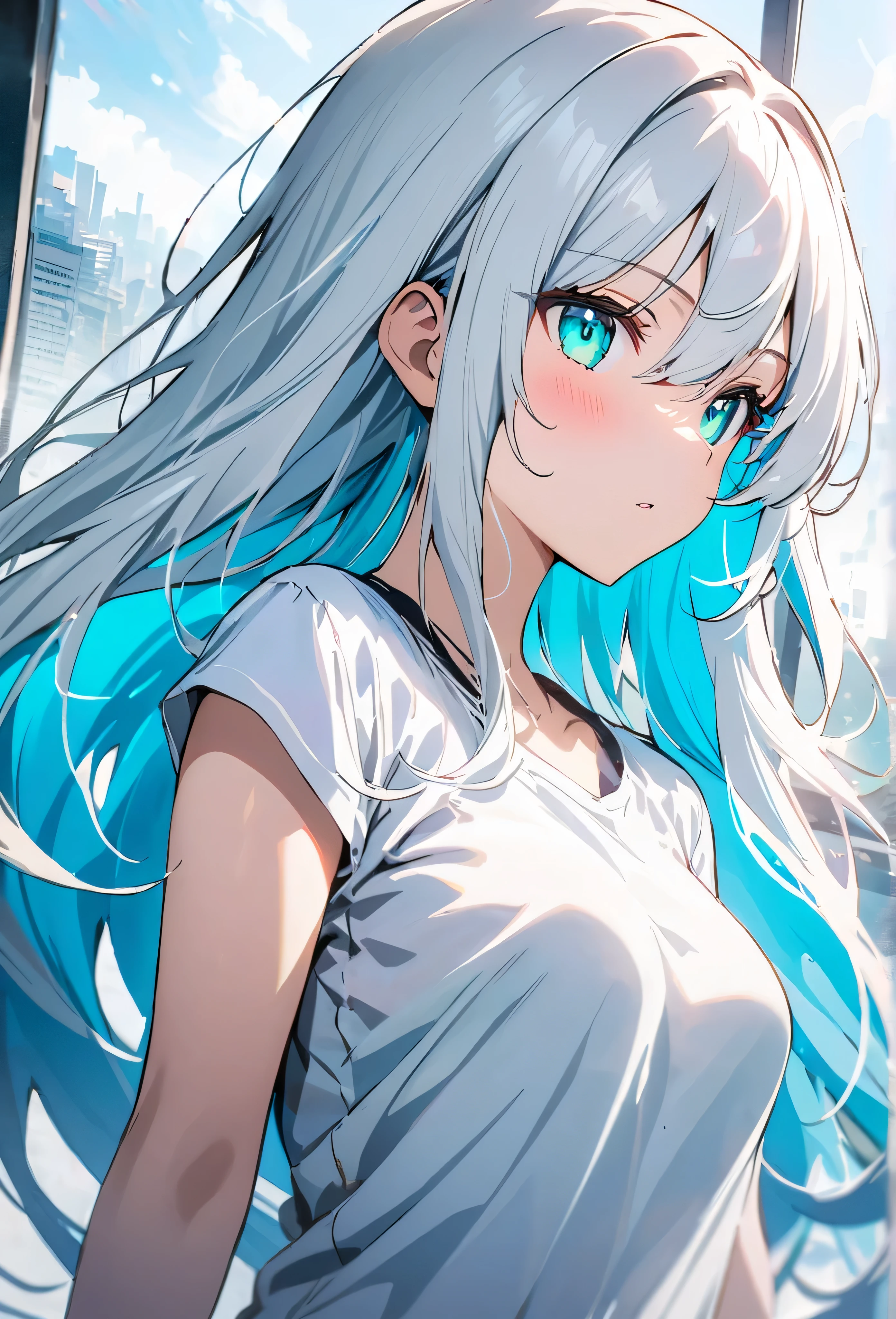 Resolution full, best quality, masterpiece, full HD, super detailed, young girl with medium breast, long hair, white shirt, beautiful aqua eyes, long hair, bright aqua eyes, long hair, glowing Aqua eyes, long hair, white hair,, an anime drawing by Shitao, trending on pixiv, auto-destructive art, girl with white hair, perfect white haired girl, girl with long hair, white haired, young anime girl