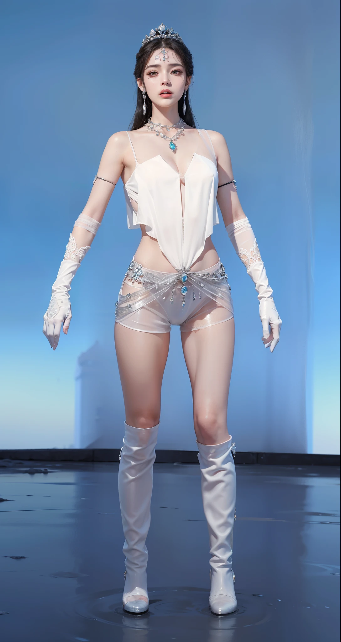 Royal sister,exquisite eyes,Detailed facial expressions body,tall figure,Leg length,4K,HD,translucent lace,Fair and plump figure,pretty face,Little cherry mouth,beautiful and delicious(3D royal sister),exquisite dress,Wear crystal jewelry,Gorgeous Sapphire Crystal Diamond Pearl Gown,Goddess of mythology,luxurious,Photo quality,High quality facial details,High-end aesthetics,luxurious,gothic style,wear gloves,finger repair,wear high heel shoes