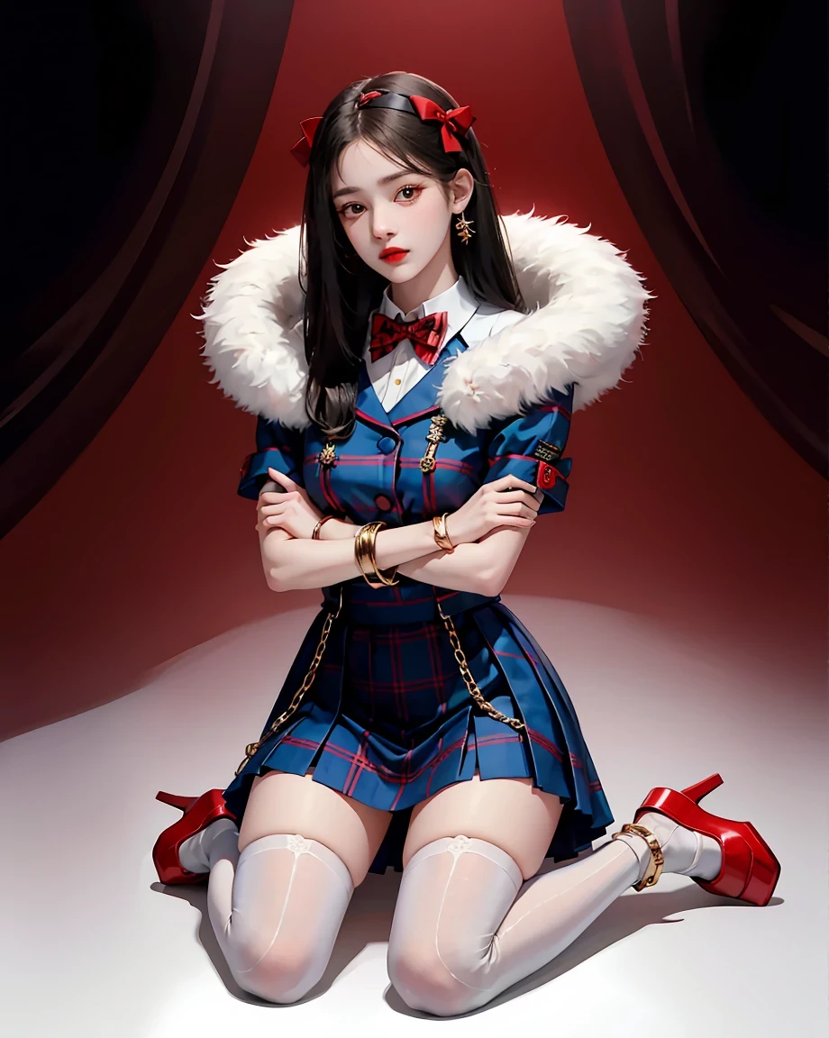 best quality person，master piece，ultimate resolution，Fluffy，very colorful，mature pretty woman，（JK uniform），neck bow tie，plaid skirt，（beauty&#39;s severed head），normal posture，red lip，（kneeling pose），Shackles，Behead，collar，handcuffs，anklet，（jane shoes with white stockings，normal posture