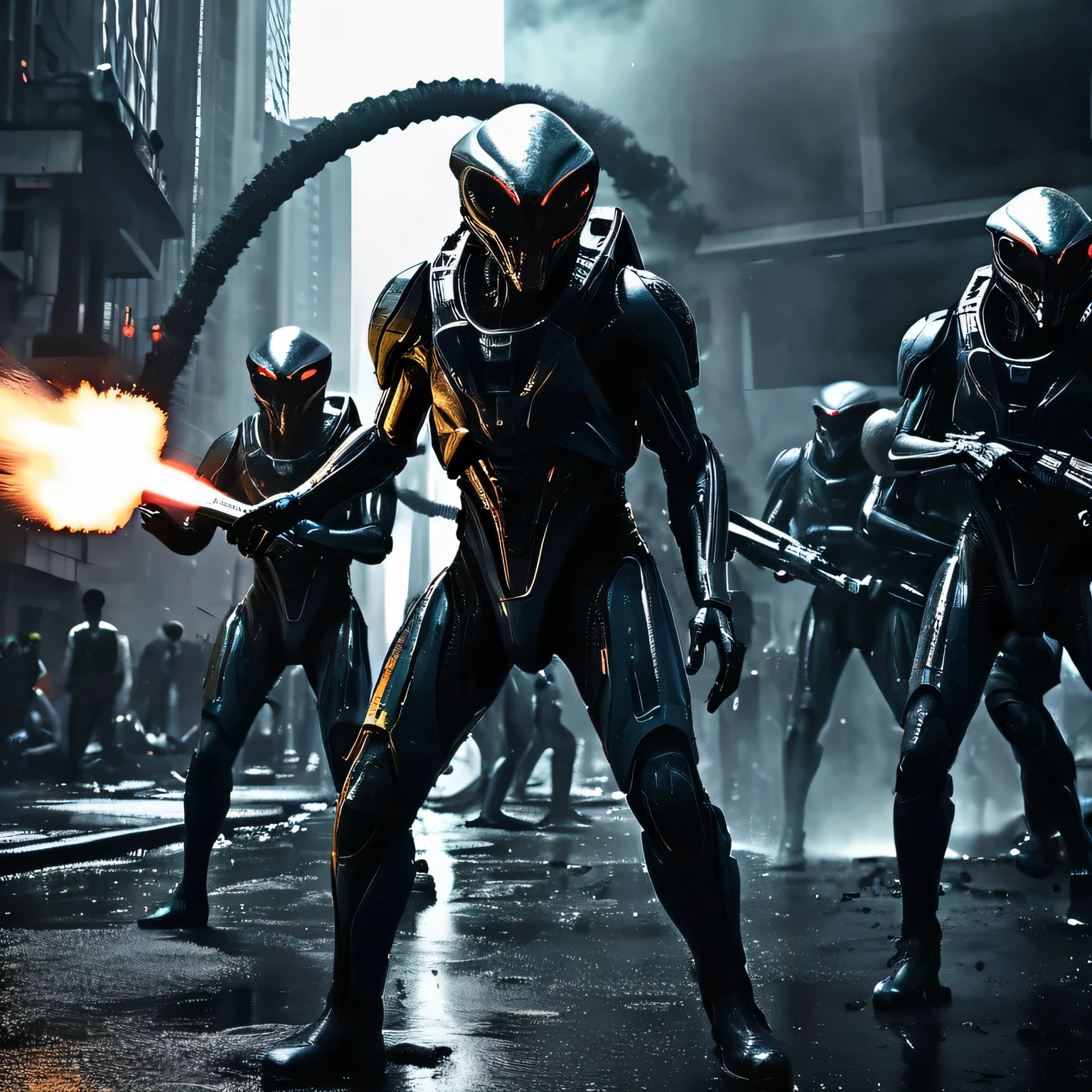 "Creepy and intense alien invasion scene with a dark atmosphere, dramatic lighting, and intense action. Show off powerful alien creatures, advanced technology, destroyed cityscape, panicking civilians, and a feeling of imminent danger. Create a disturbing and exciting image, conveying the chaos and horror of an invasion from the other world.. a group of people in futuristic suits fight with laser weapons, bloody war, The scene is extremely difficult, extremely impressive with intricate details, extremely smooth rendered textures. bright, Harsh light"