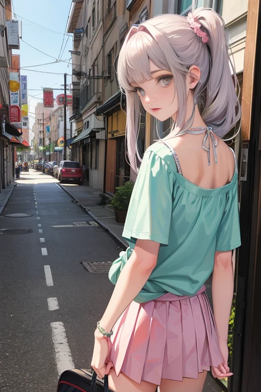 
masterpiece, best quality, physically-based rendering, high resolusion, RAW photo, photo realistic,

1 female, Japanese, white shirt, pink pleated skirt, (skirt lift:1), (from below), short sleeves, pink , school bag BREAK light pinkish silver hair BREAK dark skin BREAK side ponytails, flower hair ornament BREAK light blue scrunchie on wrist, mint green nails BREAK light brown Eyes, white eyeliner, 

Afternoon in the city BREAK 

((standing in the middle of the road))

 BREAK

looking at front, 

(from front:1, from behind:1.5),