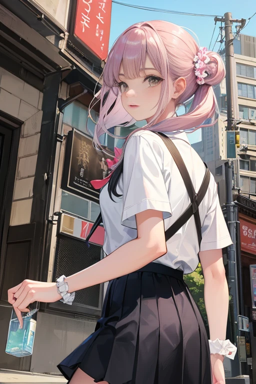 
masterpiece, best quality, physically-based rendering, high resolusion, RAW photo, photo realistic,

1 female, Japanese, white shirt, pink pleated skirt, (skirt lift:1), (from below), short sleeves, pink , school bag BREAK light pinkish silver hair BREAK dark skin BREAK side ponytails, flower hair ornament BREAK light blue scrunchie on wrist, mint green nails BREAK light brown Eyes, white eyeliner, 

Afternoon in the city BREAK 

((standing in the middle of the road))

 BREAK

looking at front, 

(from front:1, from behind:1.5),