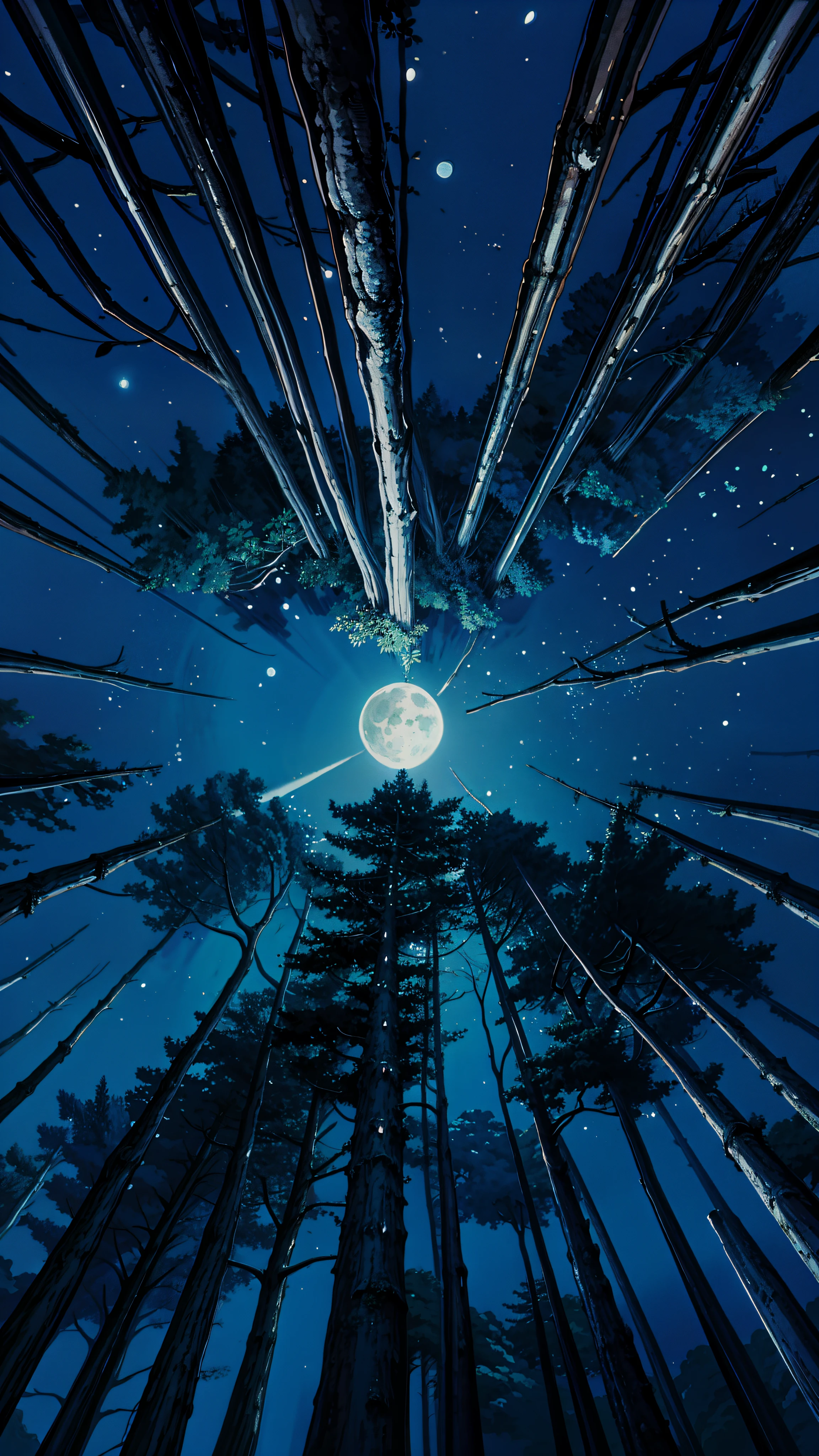 a painting looking up moon between trees, forest at night with a full moon in the sky, a painting of a moonlit forest, forest and moon, moonlit forest, night forest background, moonlit forest environment, beautiful moon light, blue moon light, magical moon shines overhead, rays of blue moonlight, beautiful composition 3 - d 4 k, blue sky background with moon