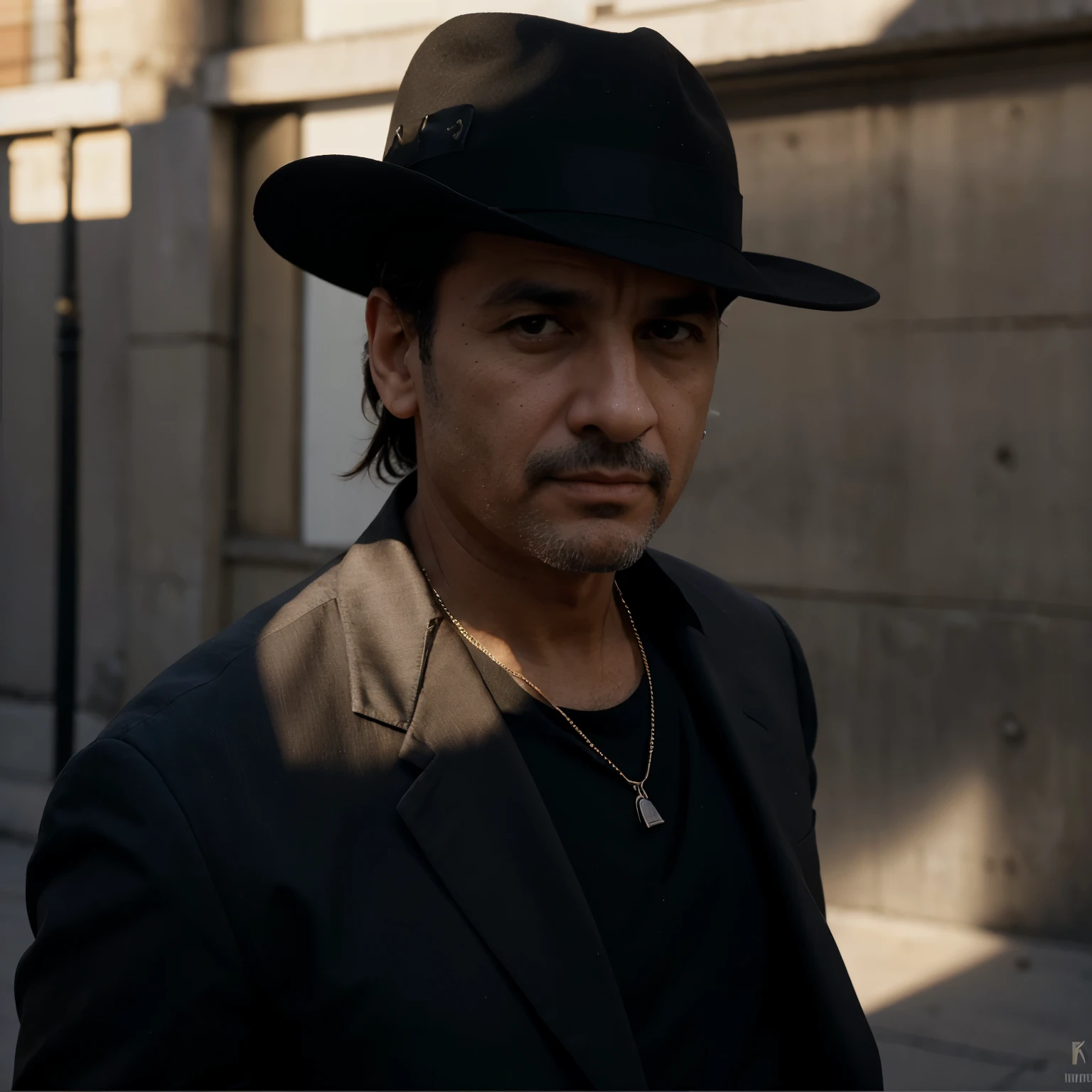 pinta a un jefe de la mafia italoamericana de nueva york intimidante, about 55 years old. el fondo es completamente negro, se encuentra en la sombra. lleva un traje negro impecable. estamos situados en los 90