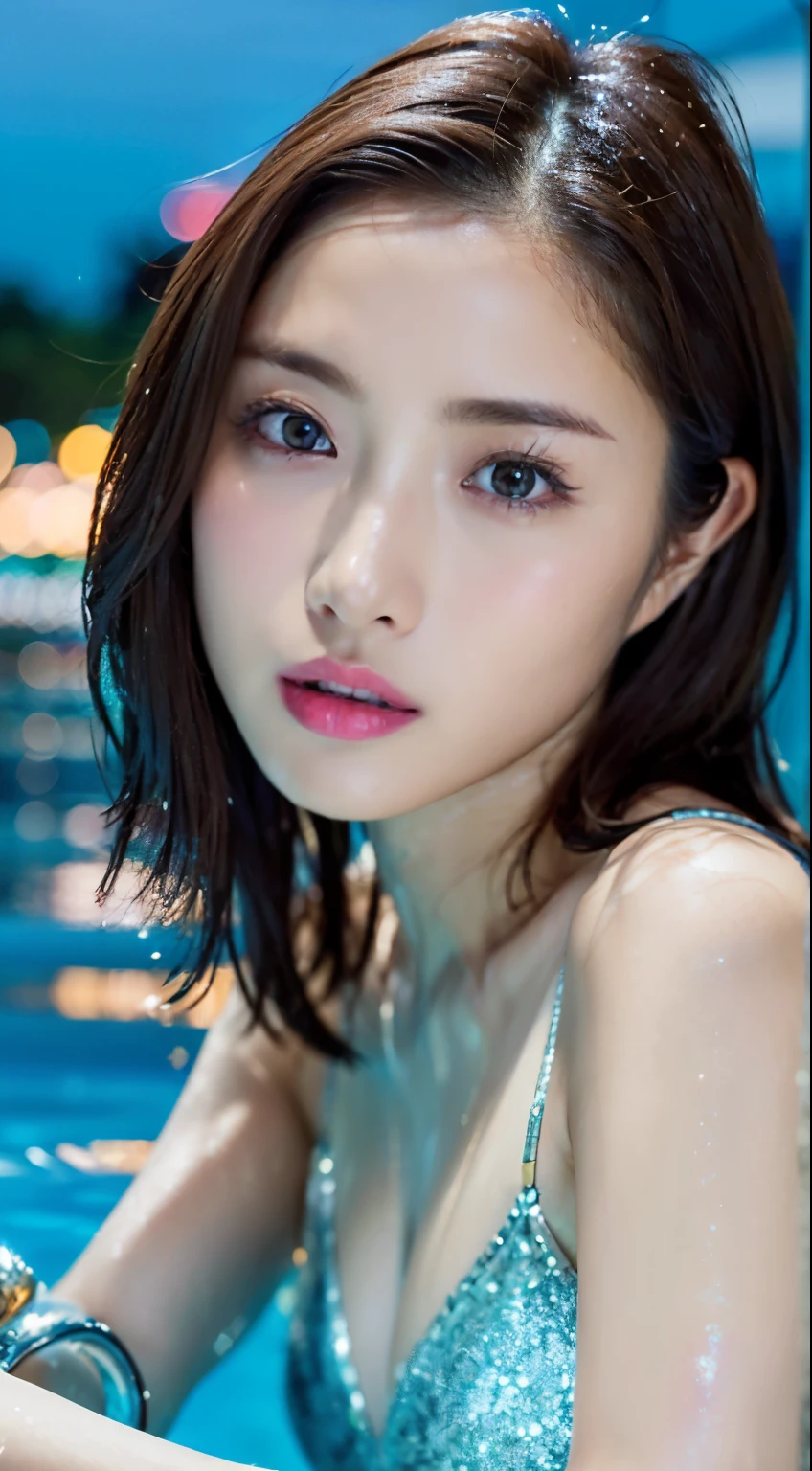 (table top:1.3), High resolution, super detailed, Highly detailed CG Unity 8K wallpaper, realistic, Photoreal, Raw photo, beautiful and detailed face, pale skin, realistic glowing skin, fine cloth texture, detailed hair texture, perfect body, beautiful face, Accurate, anatomically correct, Highly detailed face and skin texture, natural neck length, (beautiful hands), (Fair skin:1.2), thin legs, thin legs, (Satomi Ishihara)、(((Glittering big lips)))
break,
fine eyes, symmetrical eyes, light brown eyes, double eyelid, thin eyebrows, (glossy lips:1.4), ((worried face:1.4)), (blush:1.1), wet body,
break,
(very cute girl:1.3), (Wear a swimsuit:1.2),
medium breasts:0.5, cleavage:0.125, (firm chest, well-shaped chest, slender body shape:1.1), toned abdominal muscles,
(dark brown hair, wavy hair, medium long hair:1.2), ((flowing bangs:1.2)),
break,
((Stand in a selfie pose:1.3)),
break,
((night pool, At night:1.3)), (full body shot:1.2), looking at the viewer, From above,