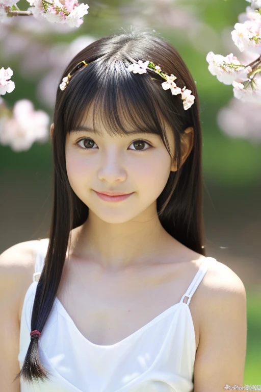 highest quality, High resolution, realistic pictures, detailed skin texture, ((Cute old Japanese girl wearing a see-through short white camisole)), view audience, slim body shape, Attractive gaze, Fair skin, baby face, (flat chest:1.2), long straight hair, (loli:1.In the park with cherry blossoms falling, smile