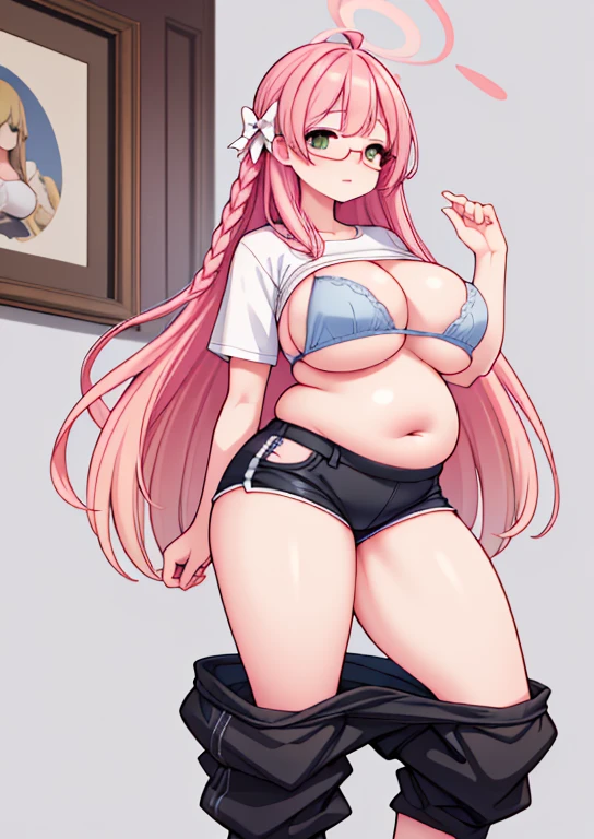 (masterpiece, best quality, highly detailed), 1girls, big belly, huge belly, art by kipteitei, round belly, chubby, curvy, belly grab, enormous belly, fat belly, thicc, bigger belly, really big belly, jiggly belly, glasses, no shirt, bra, thight shorts, ((full body)), long hair