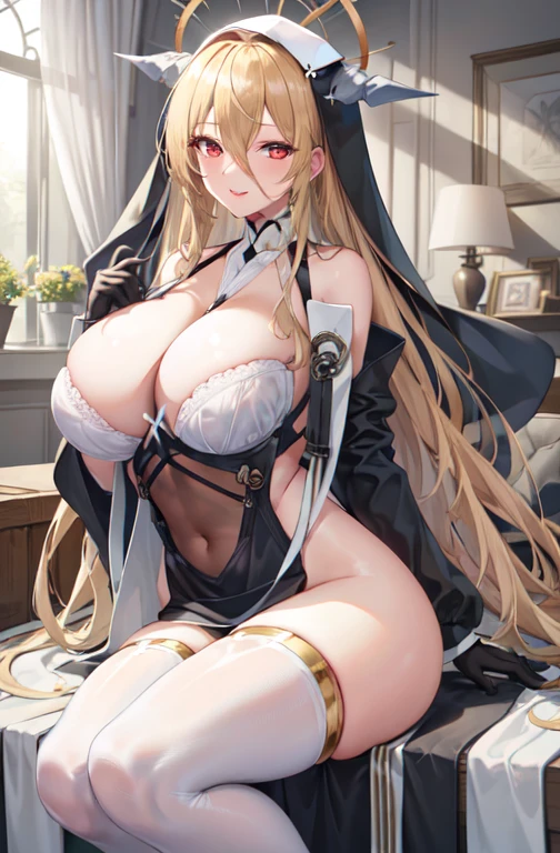 The tip for using stable diffusion to produce high-quality images is: "1 girl, Bangs, bare shoulders, between breasts, black skirt, black gloves, blond hair, bra curtain, tear, Open your mouth wide, cover navel, accustomed, hair between eyes, halo, trumpet, huge breasts, indomitable (Azure Lane), long sleeve, looking at the audience, nun, pelvic curtain, Red eyes, Smile, alone, Very long hair, white stockings, (best quality, 4K, 8K, high resolution, masterpiece:1.2), Super detailed, (actual, photoactual, photo-actual:1.37), portrait, bright colors, studio lighting." Please make sure to follow the formatting requirements, Including the use of appropriate () and [] syntax.