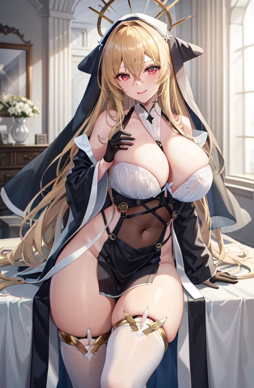 The tip for using stable diffusion to produce high-quality images is: "1 girl, Bangs, bare shoulders, between breasts, black skirt, black gloves, blond hair, bra curtain, tear, Open your mouth wide, cover navel, accustomed, hair between eyes, halo, trumpet, huge breasts, indomitable (Azure Lane), long sleeve, looking at the audience, nun, pelvic curtain, Red eyes, Smile, alone, Very long hair, white stockings, (best quality, 4K, 8K, high resolution, masterpiece:1.2), Super detailed, (actual, photoactual, photo-actual:1.37), portrait, bright colors, studio lighting." Please make sure to follow the formatting requirements, Including the use of appropriate () and [] syntax.