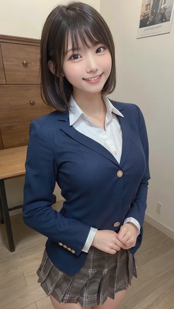 (8K、RAW photo、highest quality、masterpiece:1.2)、(realistic、Photoreal:1.37)、super detailed、超A high resolution、1 girl、see the beholder、beautiful and detailed face、laughter、narrow、(slim waist) :1.3)、Beautiful and smooth skin、skin texture、black haired、professional lighting、human body as a whole、bob hair、Japanese height 、13 year old girl、plaid uniform skirt、small breasts、Navy blue uniform blazer、young、School、Smile