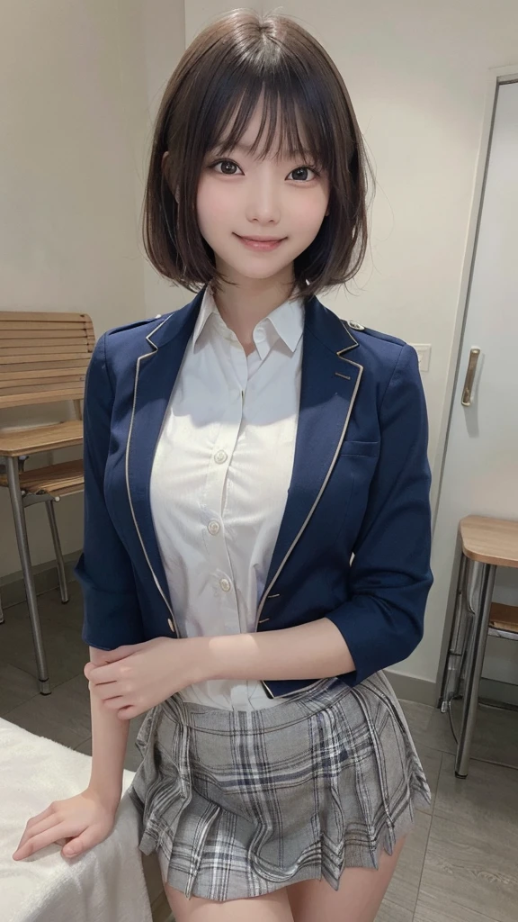 (8K、RAW photo、highest quality、masterpiece:1.2)、(realistic、Photoreal:1.37)、super detailed、超A high resolution、1 girl、see the beholder、beautiful and detailed face、laughter、narrow、(slim waist) :1.3)、Beautiful and smooth skin、skin texture、black haired、professional lighting、human body as a whole、bob hair、Japanese height 、13 year old girl、plaid uniform skirt、small breasts、Navy blue uniform blazer、young、School、Smile