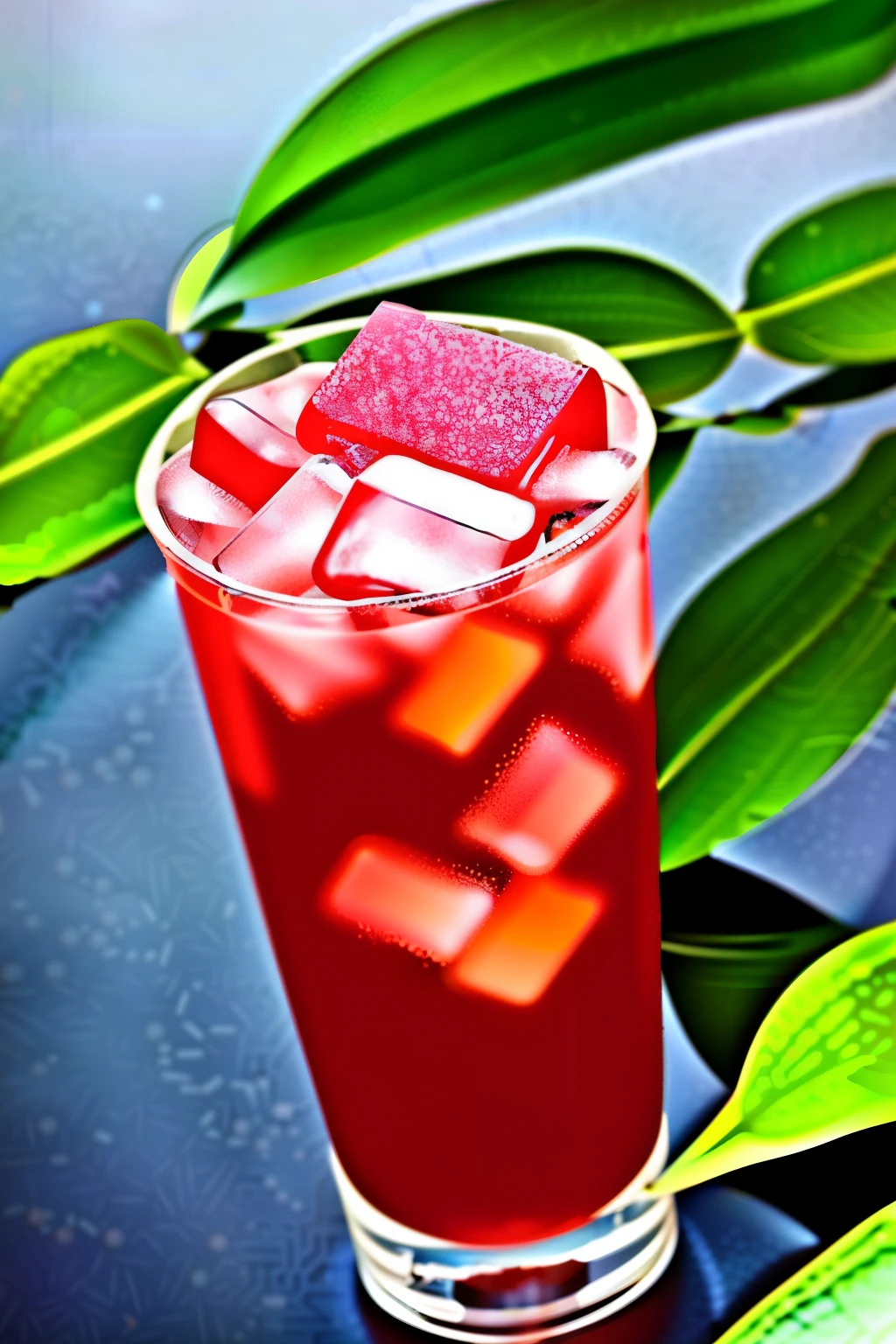(Chinese beauty) A soft drink made of watermelon juice, ice cubes, and condensed milk. Milky white turns white. Very cool. There are colored straws and ice cubes, placed on green leaves, outdoors, a clear blue sky, beautiful clouds
