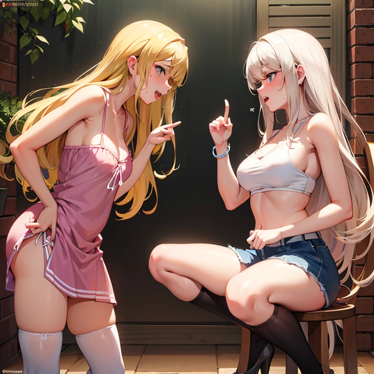 2 beautiful girls，laying on a bed,  anime styled digital art, sweating profusely, nude, squirting vaginal fluid. perfect body, small tits vagina facing camera, mouth open scream eyes are closed, 2 girls looking at each other