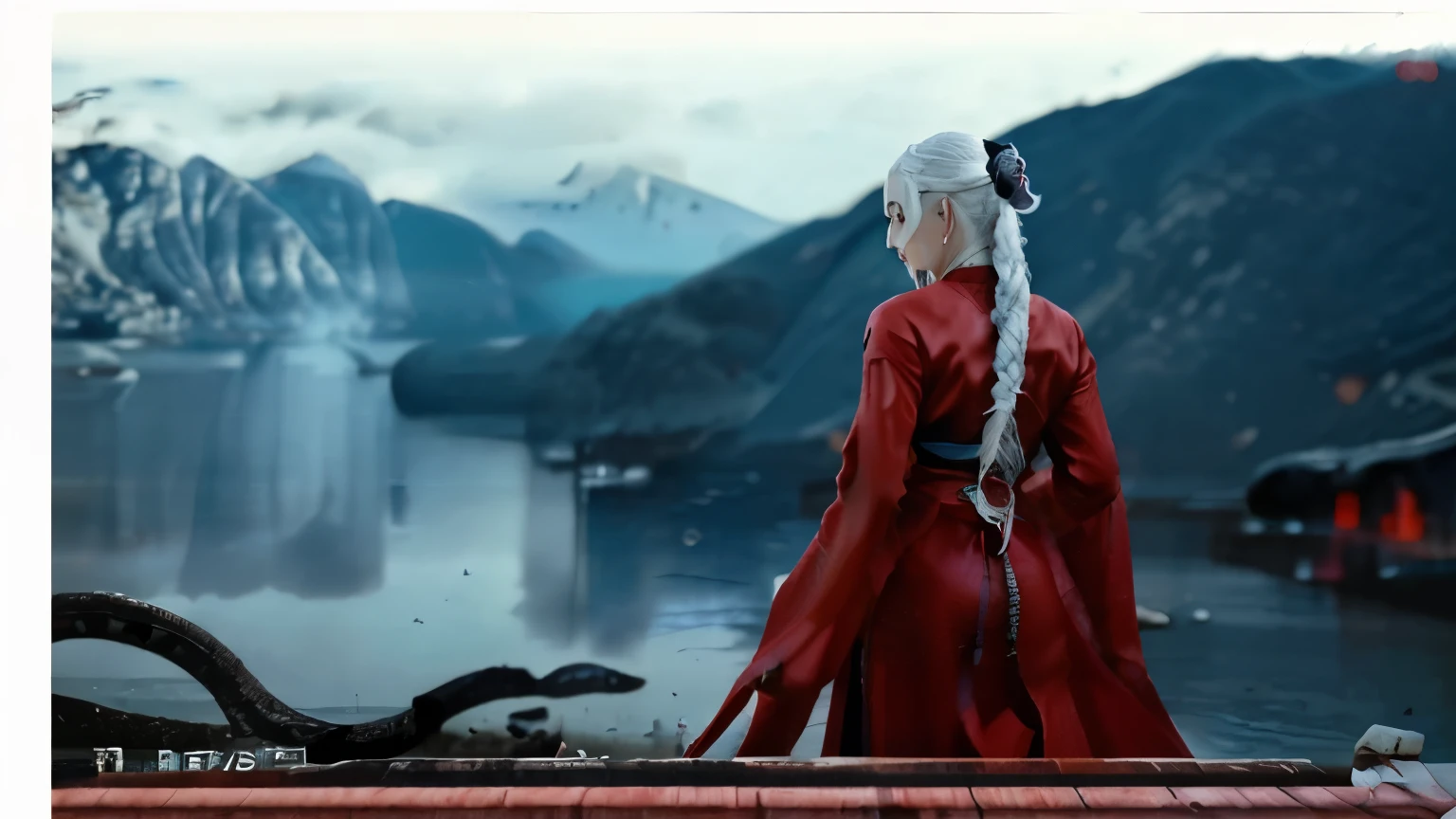 A Chinese woman wearing white hair and a red Hanfu is standing on the boat, with her back against the camera and her head looking to the left behind. A big strong black snake is crawling towards his feet, with a mysterious lake and mountains as the background 