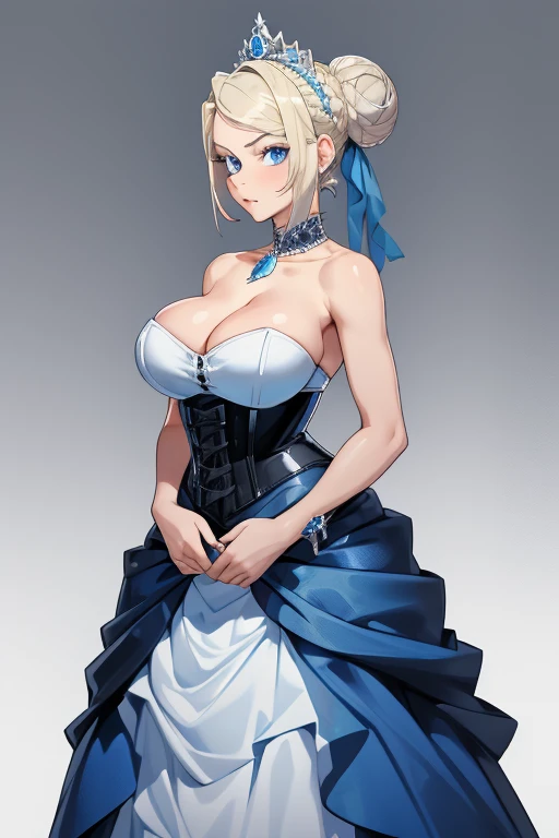 1girl, solo, masterpiece best quality, 26 year old Scandinavian woman, Short blonde hair, bun-like hairstyle, bright blue eyes, large breasts, dark blue strapless dress, corset, cleavage, bare shoulders, diamond tiara, white stash, full body shot