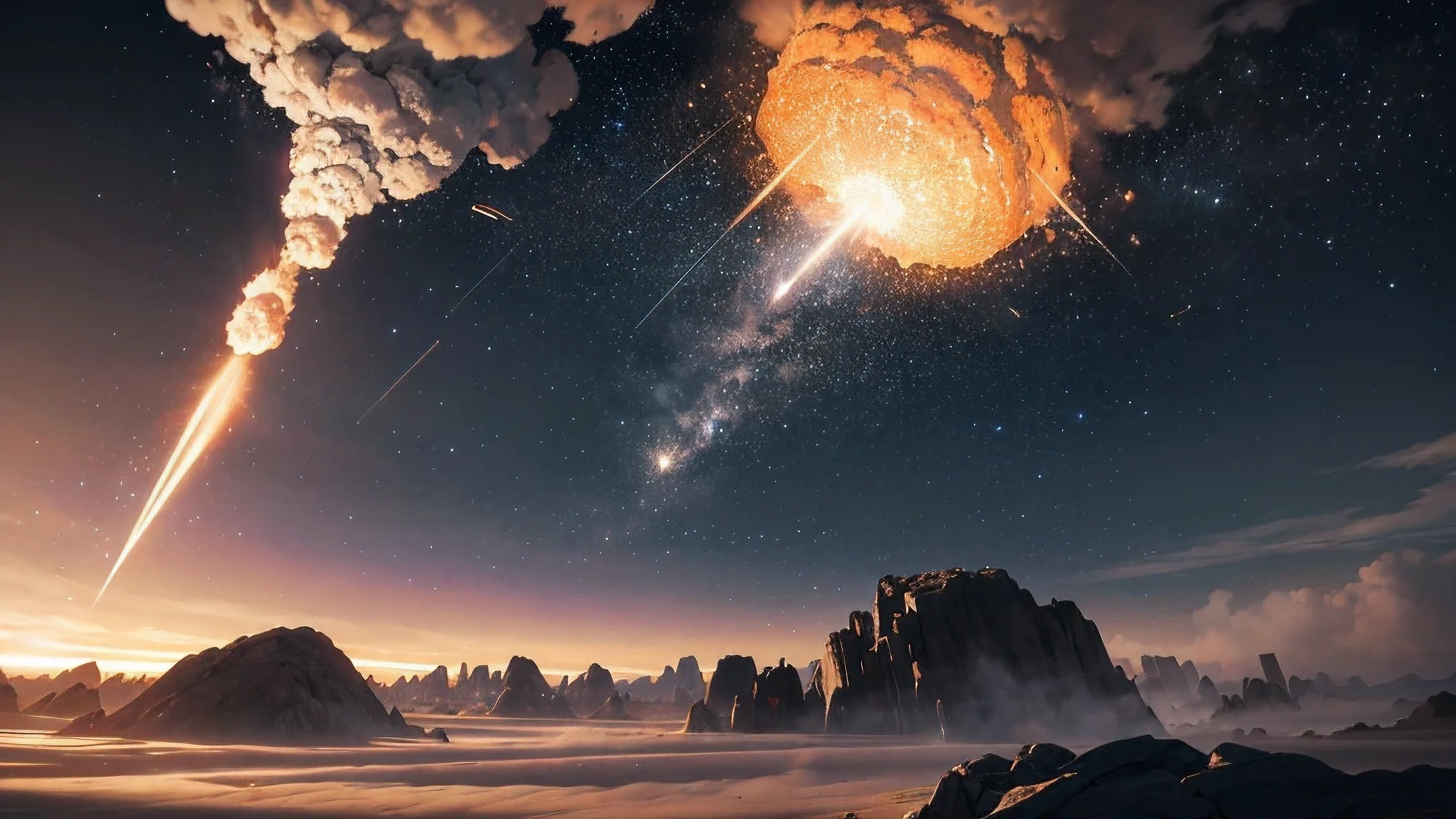 A meteorite, orfalling star, crashes into the earth, creating a massive explosion.Dust and debris scatter in every direction, as the impact sends shockwaves through the landscape.Intricately textured rocks fragment and fly, leaving trails of smoke in the air.The scene is rendered in stunning detail with realistic CGI, using an Octane engine for a high-quality finish.The camera captures the moment from a low angle, with a cinematic top light illuminating the chaos.The ISO is set to 200, capturing the raw power and intensity of the event as the meteorite strikes the earth, leaving behind a crater that stretches deep into the