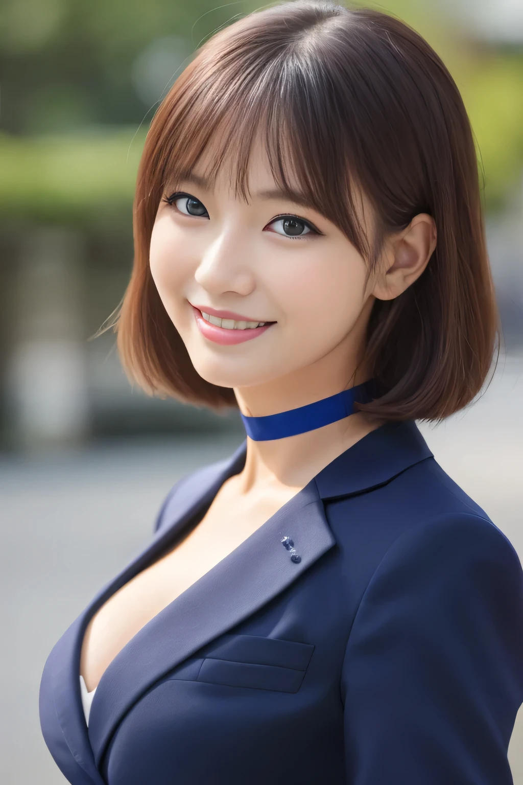 (完璧なボディを持つかわいいfemale, female), (office ladies), (masterpiece, high quality:1.2), big breasts, Office Suits, (smile), (office), highly detailed face, navy suit、break, ((black choker, big breasts, blue eyes, long eyelashes)), uniform, smile、bangs, Bright white skin, grace, Transparent air, (8k RAW photo:1.1), Natural light, female, Beautiful announcer, (slim face),Half beautiful female