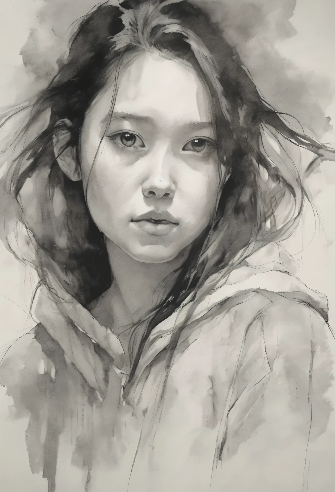 (highest quality, High resolution, masterpiece:1.2), Super detailed, actual:1.37, Black ink sketch, smooth lines, Expressive facial expressions and gestures, simple background, Emphasis on light and shadow and spatial perception, Plenty of negative space, young girl.Ink Portrait,smooth lines,Expressive facial features,Subtle emotions,Ink strength comparison,simple background,Emphasis on light and shadow,wide々It was,Plenty of negative space,peaceful atmosphere,peaceful atmosphere,feels like a dream,Delicate yet fascinating details,pastel colour,Calm and introspective,An elegant gesture,Gentle movements,Calm and innocent,Elegant Whisper,quiet and elegant,shining,sublime beauty,Vector illustration,black and white,Natural and Organic,Nourish、Calming the mind,Sublime simplicity,fantastic charm.