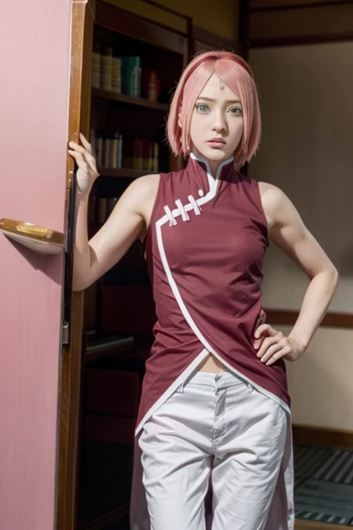 Real life adaption of this character,Asian beauty , realistic same hair, realistic outfit, realistic light, realistic shadow, hyper realistic, realism, realistic background,(photorealistic:1.2),green eyes color. Sakura / Sakura Haruno (Sakura Haruno) / [Boruto: Naruto Next Generation,1girl ,white pants ,best quality ,ultra Higd ,detail realistic ,HDR pro