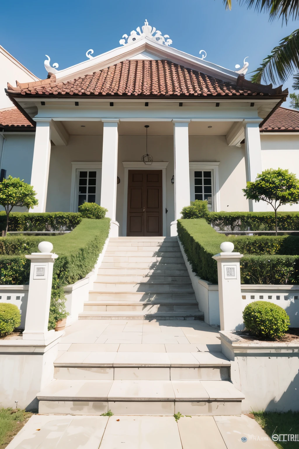 masterpiece, High Quality, best quality, true, super detailed, out side, one-story villa, aiaigroup, phong cách nhà hiện đại trên sugar phố, cầu thang, white wall, sugar, pavement, grass, tree, gourd