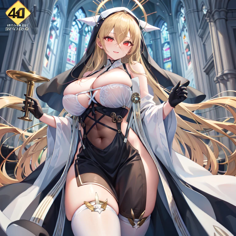 The tip for using stable diffusion to produce high-quality images is: "1 girl, Bangs, bare shoulders, between breasts, black skirt, black gloves, blond hair, bra curtain, tear, Open your mouth wide, cover navel, accustomed, hair between eyes, halo, trumpet, huge breasts, indomitable (Azure Lane), long sleeve, looking at the audience, nun, pelvic curtain, Red eyes, Smile, alone, Very long hair, white stockings, in the church, (best quality, 4K, 8K, high resolution, masterpiece:1.2), Super detailed, (actual, photoactual, photo-actual:1.37), portrait, bright colors, studio lighting." Please make sure to follow the formatting requirements, Including the use of appropriate () and [] syntax.