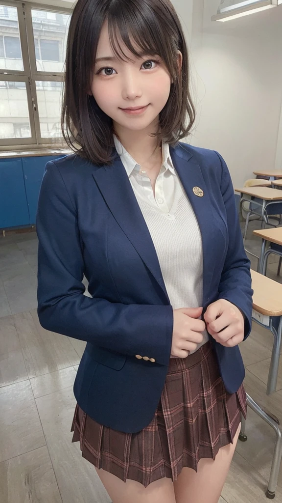 (8K、RAW photo、highest quality、masterpiece:1.2)、(realistic、Photoreal:1.37)、super detailed、超A high resolution、1 girl、see the beholder、beautiful and detailed face、laughter、narrow、(slim waist) :1.3)、Beautiful and smooth skin、skin texture、black haired、professional lighting、full body shot、bob hair、Japanese height 、13 year old girl、plaid uniform skirt、small breasts、Navy blue uniform blazer、young、school classroom、Smile