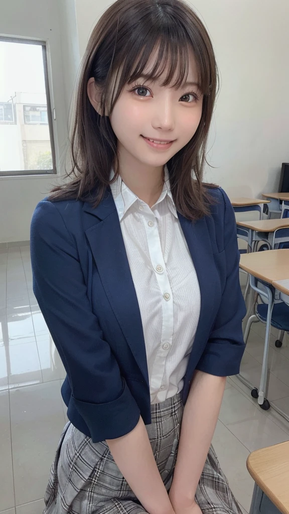 (8K、RAW photo、highest quality、masterpiece:1.2)、(realistic、Photoreal:1.37)、super detailed、超A high resolution、1 girl、see the beholder、beautiful and detailed face、laughter、narrow、(slim waist) :1.3)、Beautiful and smooth skin、skin texture、black haired、professional lighting、full body shot、bob hair、Japanese height 、 girl、plaid uniform skirt、small breasts、Navy blue uniform blazer、young、school classroom、Smile