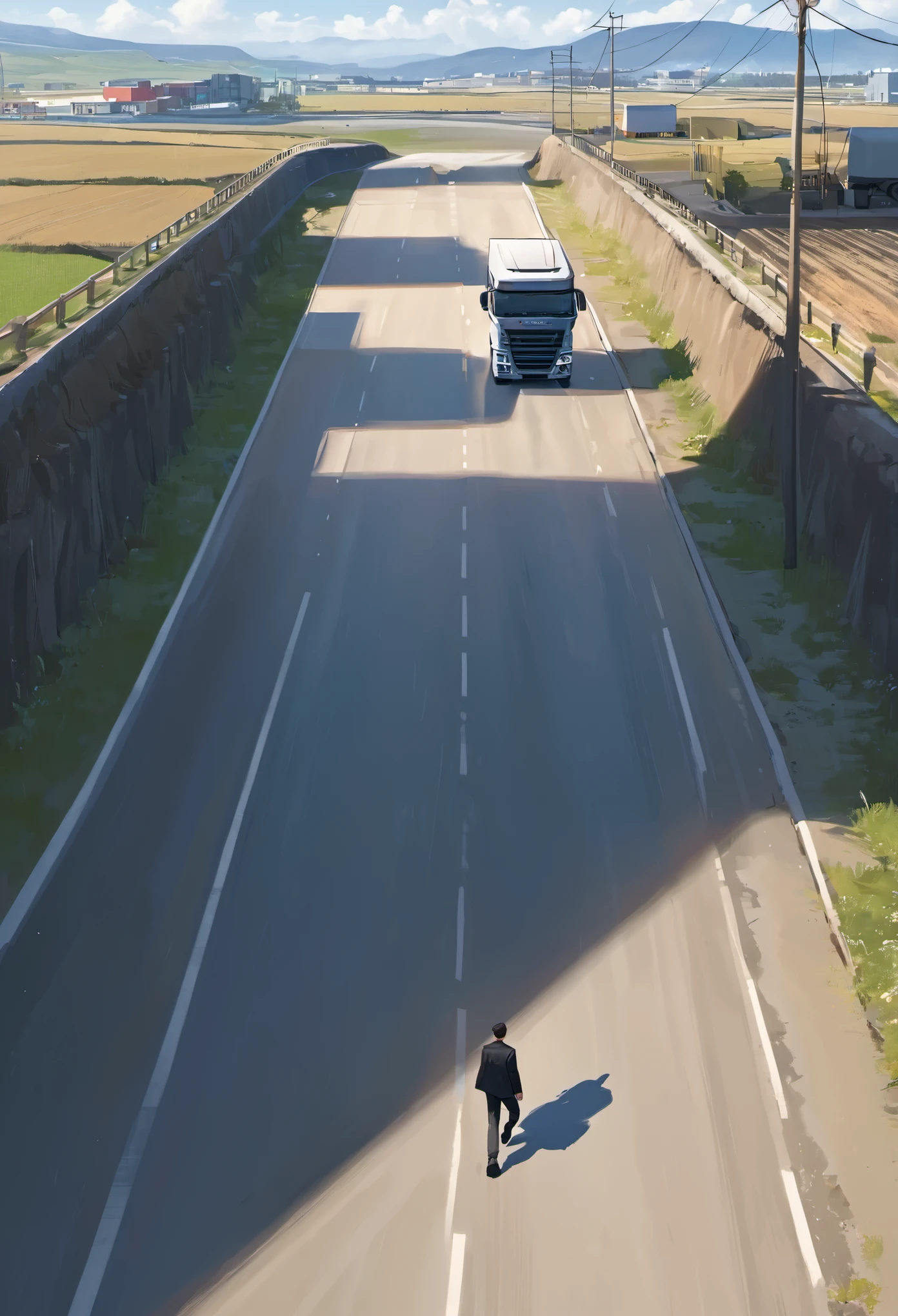 Create a truck coming on a road from a distance and two man walking around the road