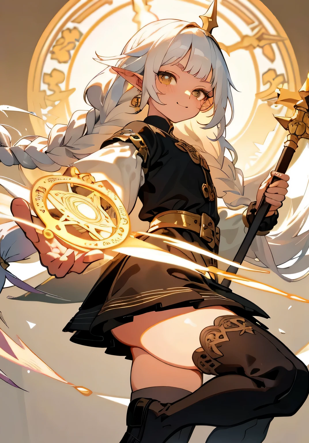 1GIRL, cute girl, finely detailed, (best quality), (intricate details), cute style, healer style, elf girl, dungeons and dragons style, multicolored, ((long white hair in braid)), ((tan skin)), best quality, ((gold and black puffy long sleeve dress)), ((thigh high socks)), ((black socks)), ((round eyes)), beautiful face, happy eyes, cute face, pinup, perfect face, simple background portrait, magic circle, magic staff
