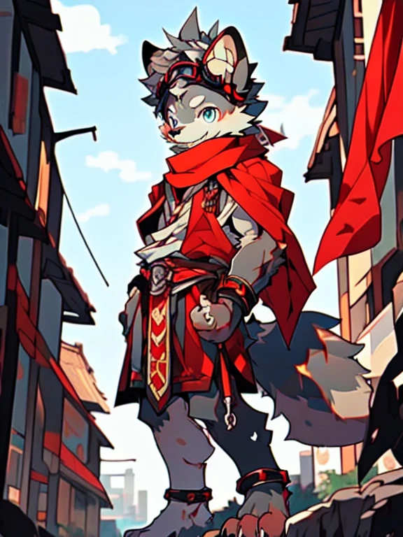 masterpiece, high quality, hi res, digital painting \(artwork\), by kuroisumi, yupa, kiyosan. Furry twink, ager, raccoon, grey hair, spiked brown hair only on head, Detailed body fur, red scarf, blue eyes, goggles, chain harness, Black loincloth, red cape, masterpiece, gray body hair, Detailed face, big eyebrows, detailed eyes, Detailed body, No muscles, city skyline, Detailed hands, Flat body, Skinny, Detailed paws, high resolution, metal cuffs on wrists, metal cuffs on ankles, view from behind