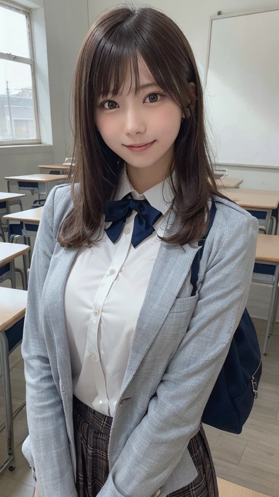 (8K、RAW photo、highest quality、masterpiece:1.2)、(realistic、Photoreal:1.37)、super detailed、超A high resolution、1 girl、see the beholder、beautiful and detailed face、laughter、narrow、(slim waist) :1.3)、Beautiful and smooth skin、skin texture、black haired、professional lighting、full body shot、bob hair、Japanese height 、13 year old girl、plaid uniform skirt、small breasts、Navy blue uniform blazer、very young、school classroom、Smile