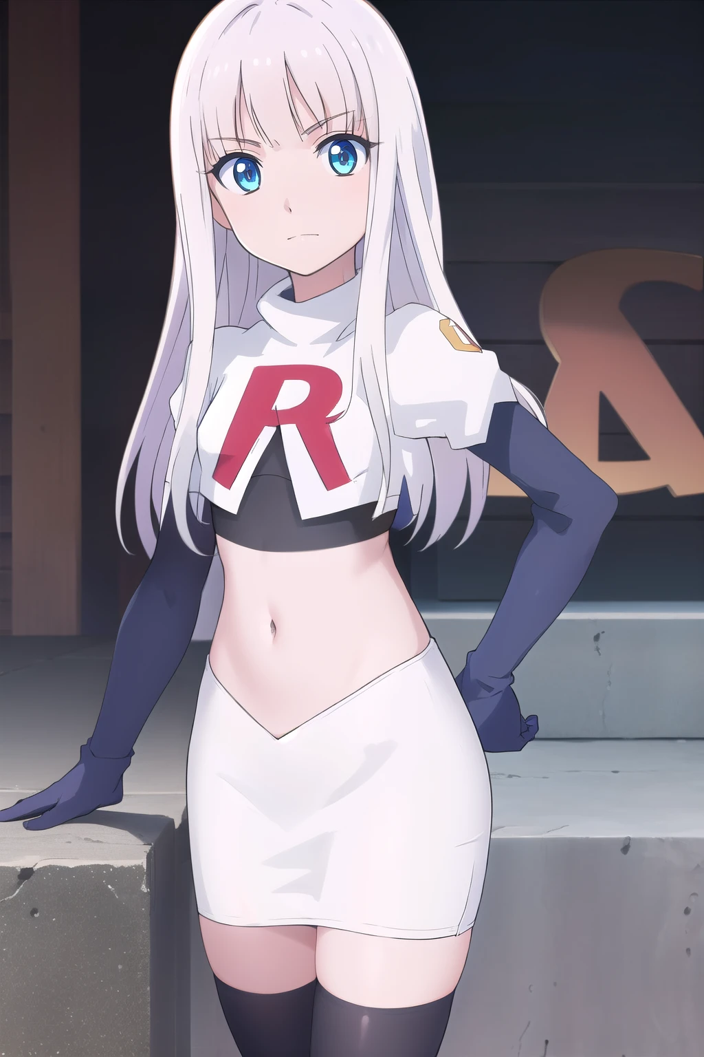 mira, anime, 1girl, solo, long_hair, looking_at_viewer, blue_eyes,  white_hair, small breasts,  soft smile, lake, yuzustyle , masterpiece, best quality, official art, extremely detailed CG unity 8k wallpaper, highly detailed, shiny skin, Depth of field, vivid color, team rocket,team rocket uniform, red letter R, white skirt,white crop top,black thigh-highs,black elbow gloves