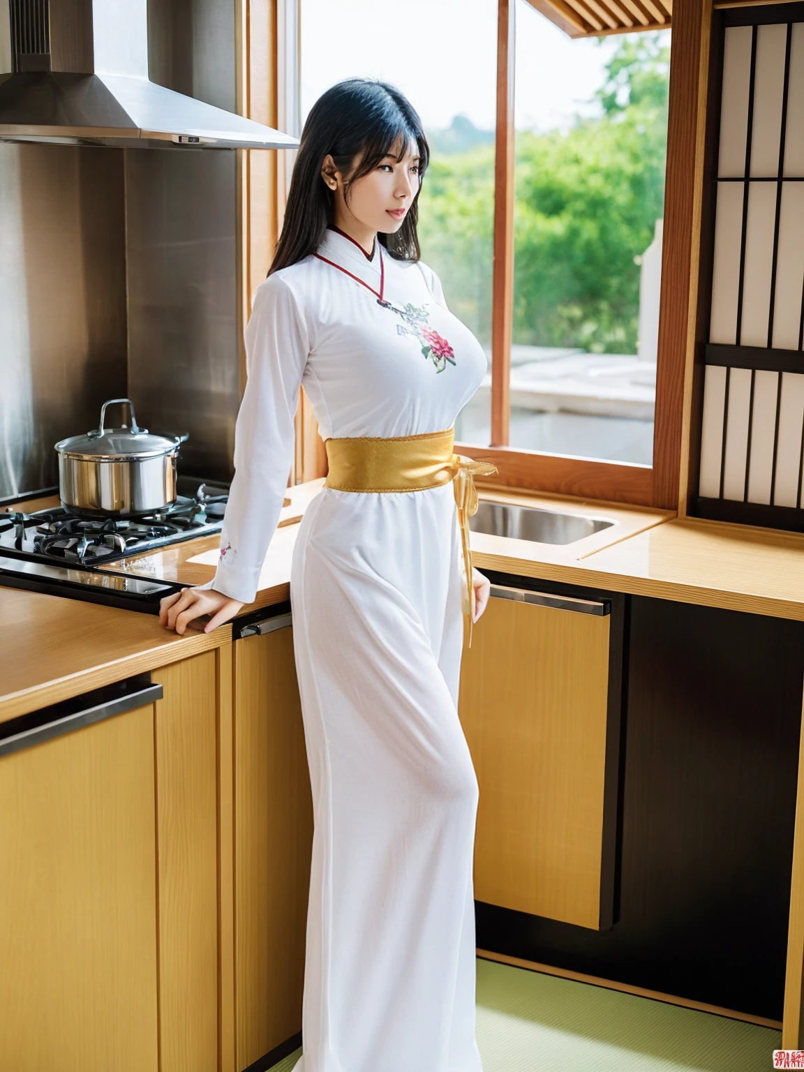 (8K,RAW photo,highest quality,masterpiece:1.8),(looking at the viewer:1.7)erotic,(standing in the kitchen:1.7),(huge breasts:1.8),(Very small waist:1.8),(very thin legs:1.8),(Ao dai:1.8)(Enchanted expression:1.9),(one japanese woman:1.9),(curby body:1.7)
