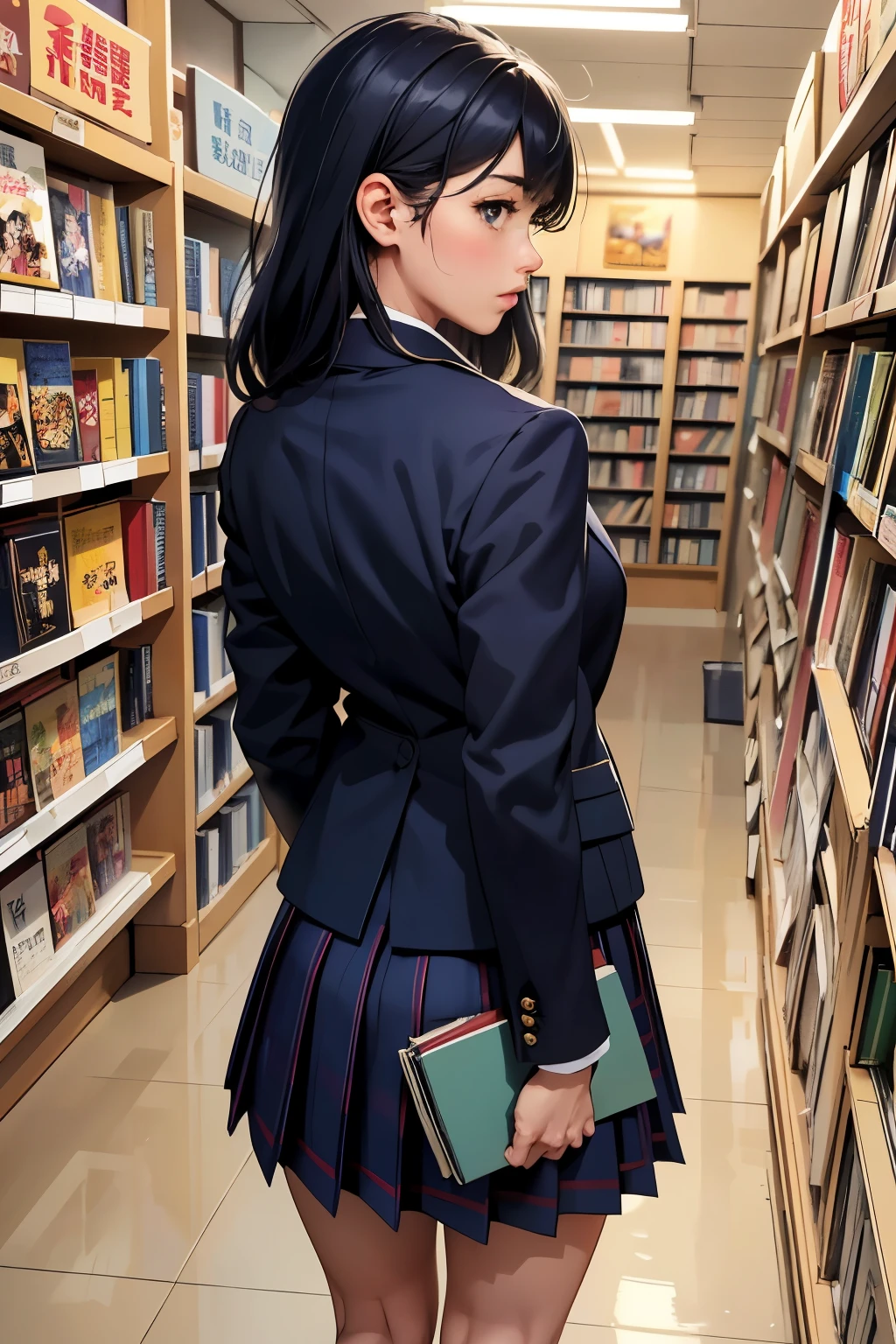 ((highest quality)), ((masterpiece)), (be familiar with), Magazine section of a bookstoreにいる女子高生のback view、student bag、navy blazer、(plaid skirt)、navy blue socks、((back view:1.1))、covert photography、(Directly behind low angle)、navy blue socksのクローズアップ、mangaコマ割り、cartoon style、manga、Magazine section of a bookstore