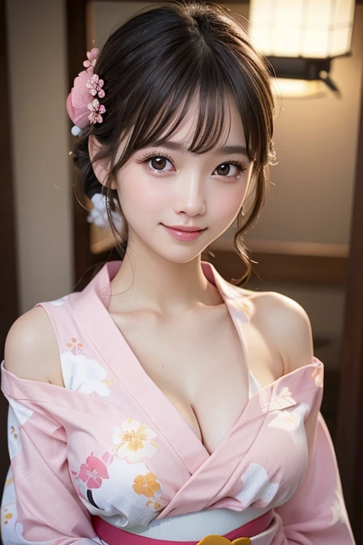 (ung girl), Extremely cute face, Amazing face and eyes, (Highly detailed eyes, Highly detailed face), fresh, Very clean appearance, (Hyper-realistic, hight resolution), (Best Quality:1.4), Raw photo, (Realistic, Photorealsitic:1.37), Professional Photography, (light pink floral pattern yukata:1.5), (Open yukata), (cleavage:1.2), (Bare shoulders), Smile slightly, (Staring at me), Bedroom, girl portrait,
