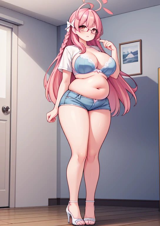 (masterpiece, best quality, highly detailed), 1girls, big belly, huge belly, art by kipteitei, round belly, chubby, curvy, belly grab, enormous belly, fat belly, thicc, bigger belly, really big belly, jiggly belly, glasses, no shirt, bra, thight shorts, high heels, ((full body)), long hair