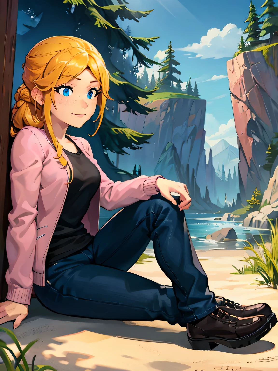 (masterpiece, best quality, high resolution:1.2), 1girl, solo, freckles, blue eyes, blonde hair, braid, shirt, black shirt, jacket, pink jacket, long sleeves, pants, black pants, black footwear, smile, close up, portrait, perfect eyes, forest, outdoor