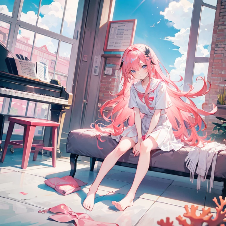 Coral pink hair,long hair,hair over one eye,gray eyes,feather hair ornament,cute,girl,laughing expression,white shirt,skirt,No shoes on your feet,sit on stool,play piano,whole body,Don't show your arms,The background is the sea surface,Sky Mirror,Blue sky and white clouds