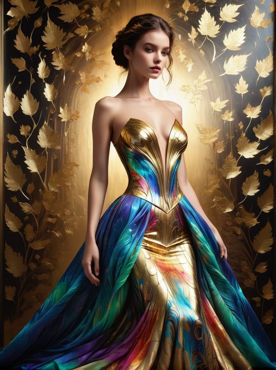 (Gold Leaf Art:1.5), A photo of an exquisite dress，Its design is influenced by the art of glass gold leaf with bright colors and rich patterns.，This dress has a spectrum of gold foil luster，The richness of the cathedral windows、Deep metallic gold foil hue，This creative fusion of fashion and art，A kaleidoscope of metallic gold foil colors flowing across the fabric，Gives a feeling of shining through gold foil metal sheets，The dress was worn by a different group of models，Each model emphasizes the beauty and uniqueness of the dress。