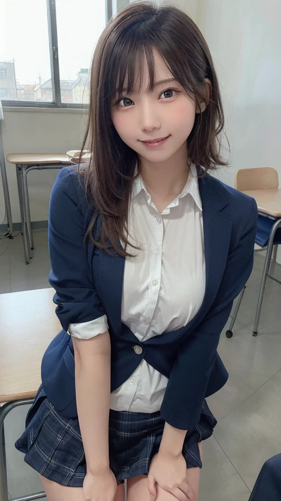 (8K、RAW photo、highest quality、masterpiece:1.2)、(realistic、Photoreal:1.37)、super detailed、超A high resolution、1 girl、see the beholder、beautiful and detailed face、laughter、narrow、(slim waist) :1.3)、Beautiful and smooth skin、skin texture、black haired、professional lighting、full body shot、bob hair、13 year old girl、plaid uniform skirt、small breasts、Navy blue uniform blazer、very young、school classroom、Smile