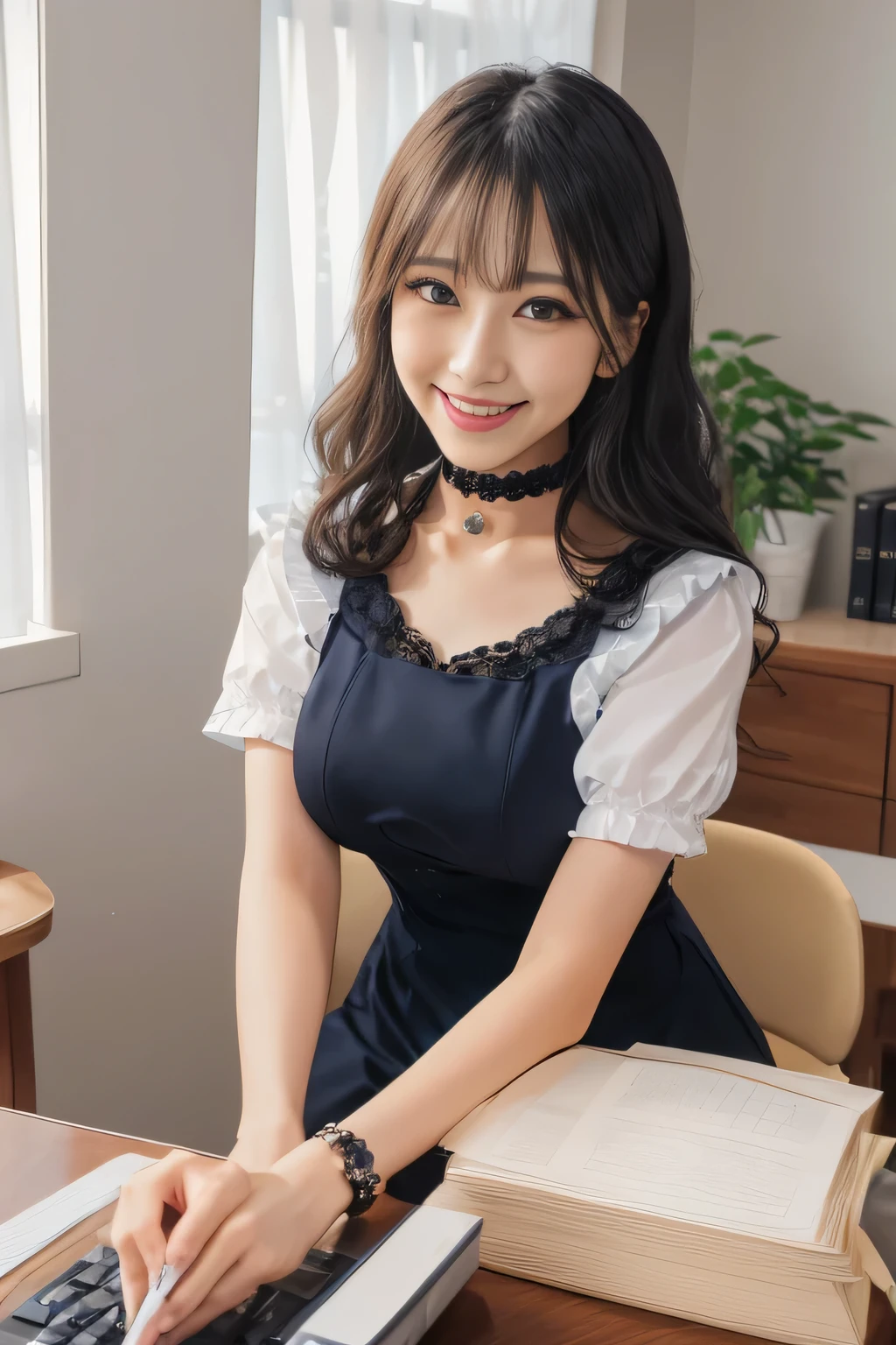 (完璧なボディを持つかわいいfemale, female), (office ladies),  (masterpiece, high quality:1.2), big breasts, Office Suits, (smile), (office), highly detailed face, navy suit、break, ((black choker, big breasts, blue eyes, long eyelashes)), uniform, smile、bangs, Bright white skin, grace, Transparent air, (8k RAW photo:1.1), Natural light, female, Beautiful announcer, (slim face)，